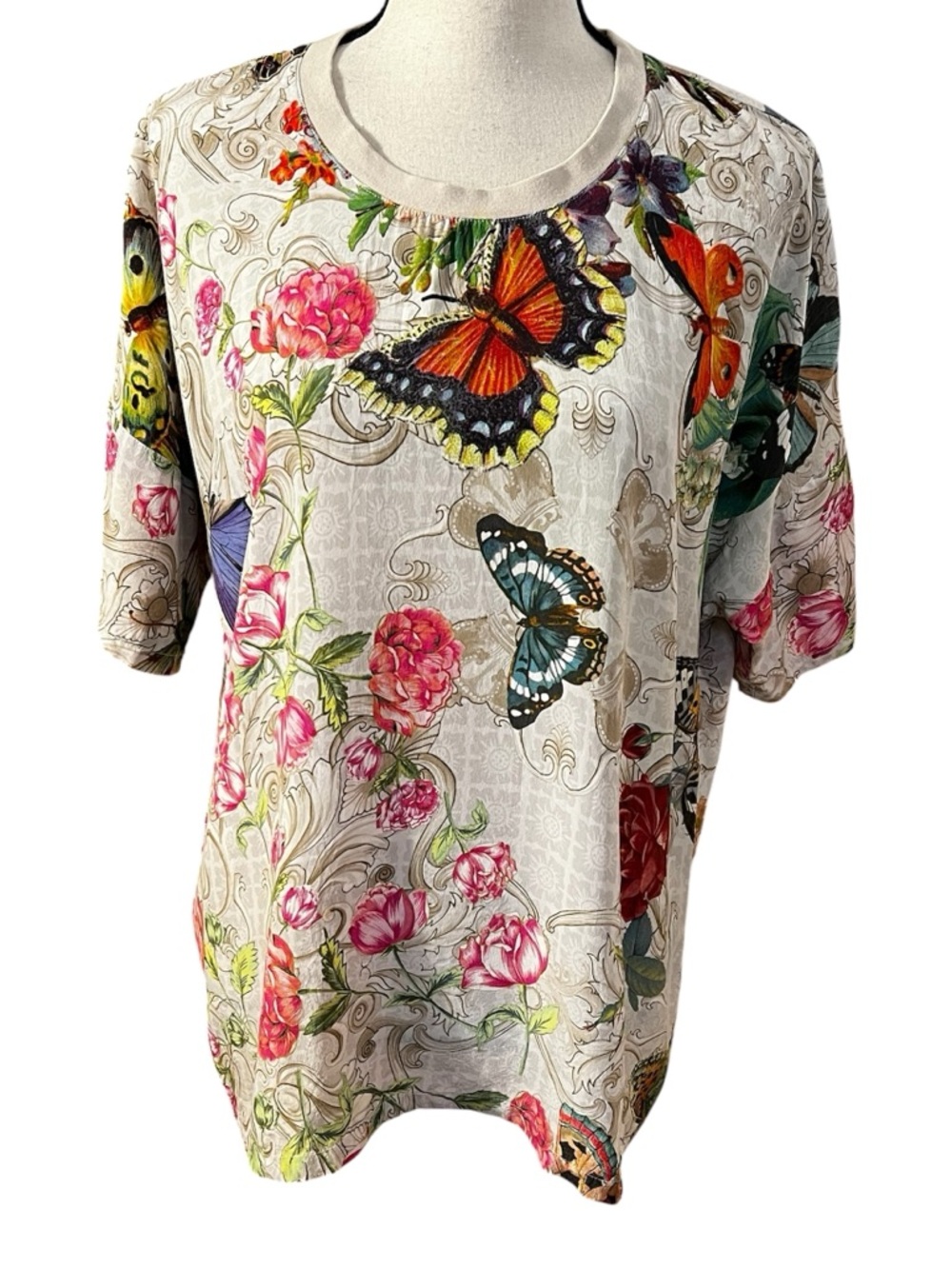 Johnny Was Multicolor Floral & Butterfly Print Silk Top Sz-M